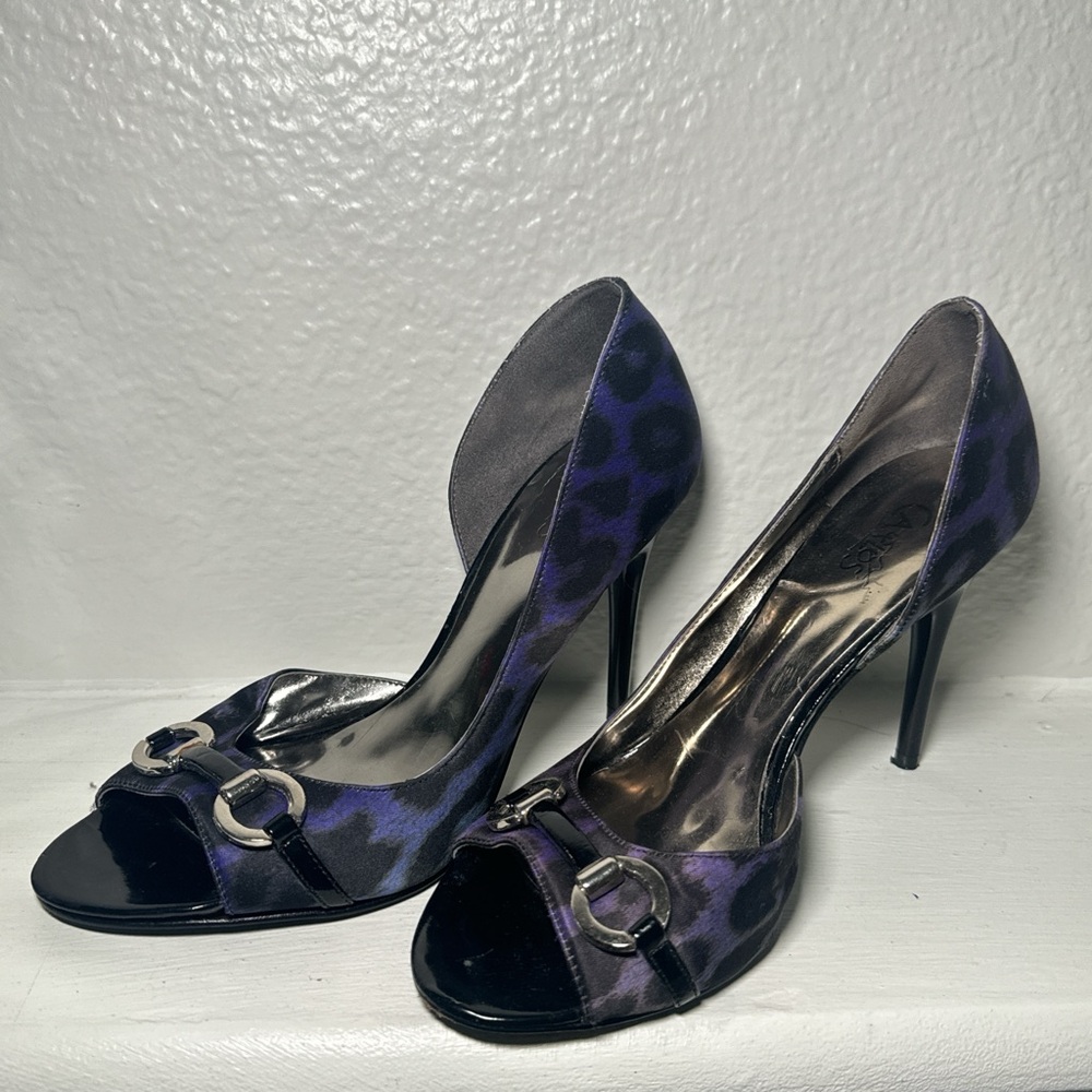 Purple and Black Leopard Print Heels with silver detailing